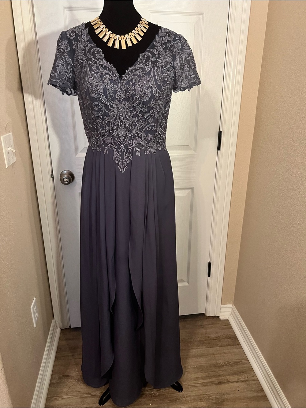 JJs House Slate Gray Lace Bodice Long Sleeve Evening Gown